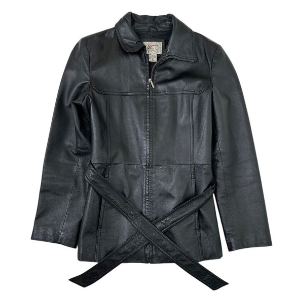 90s Madison‎ Max Leather Jacket Belted Black Zip Up Long Sleeve Women's Medium - Picture 1 of 6